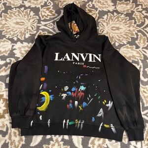 Lanvin x Gallery Dept Painted Vintage Washed Black Pullover Hoodie MENS LARGE